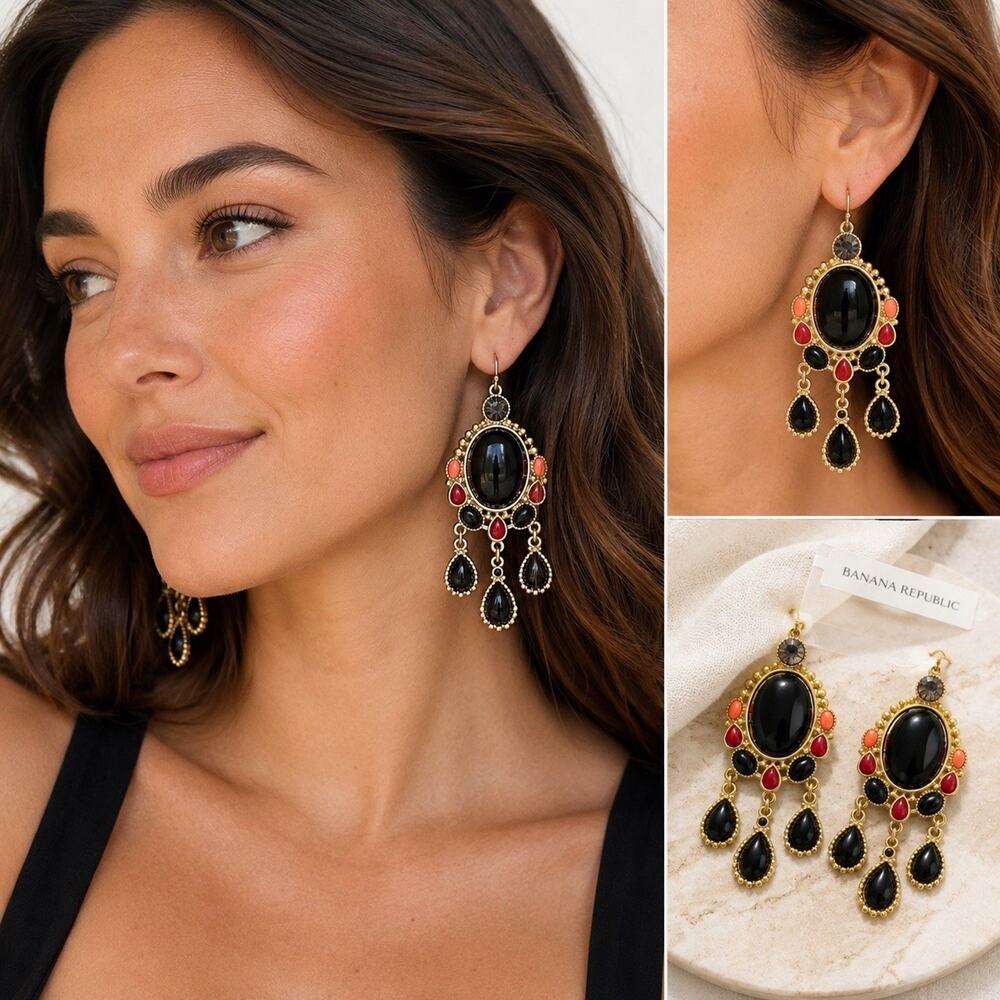 Banana Republic NWT Statement Chandelier Earrings Gold Tone Black Red Boho Vtg